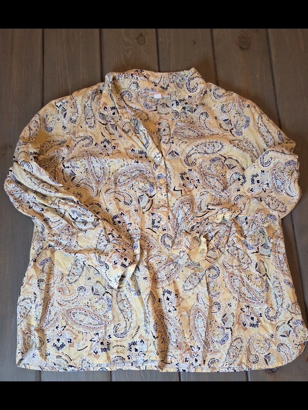 J.Jill Paisley Button Front Blouse Petite Large Yellow Boho Lightweight Top